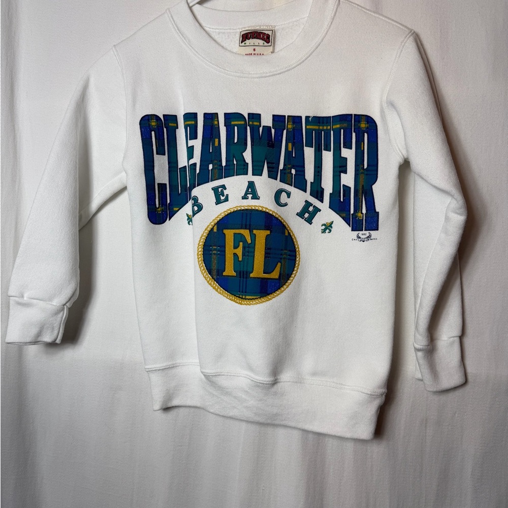 VTG 90s Kids Clearwater Beach FL White Sweatshirt